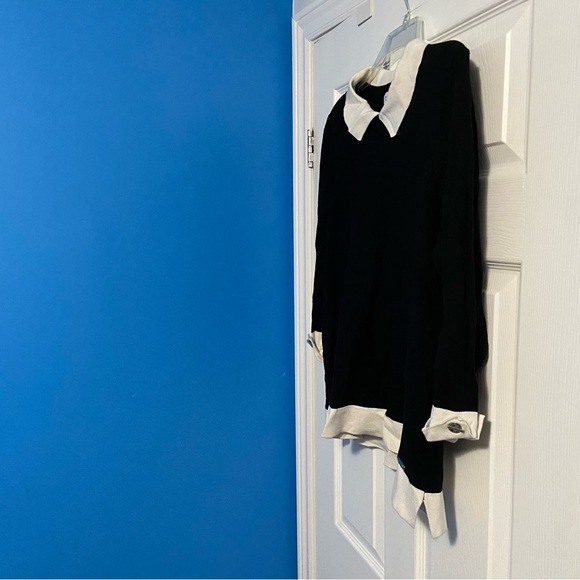 Calvin Klein Women’s Black & Off-White 3/4 Sleeve Collared Sweater Size L - Picture 2 of 12